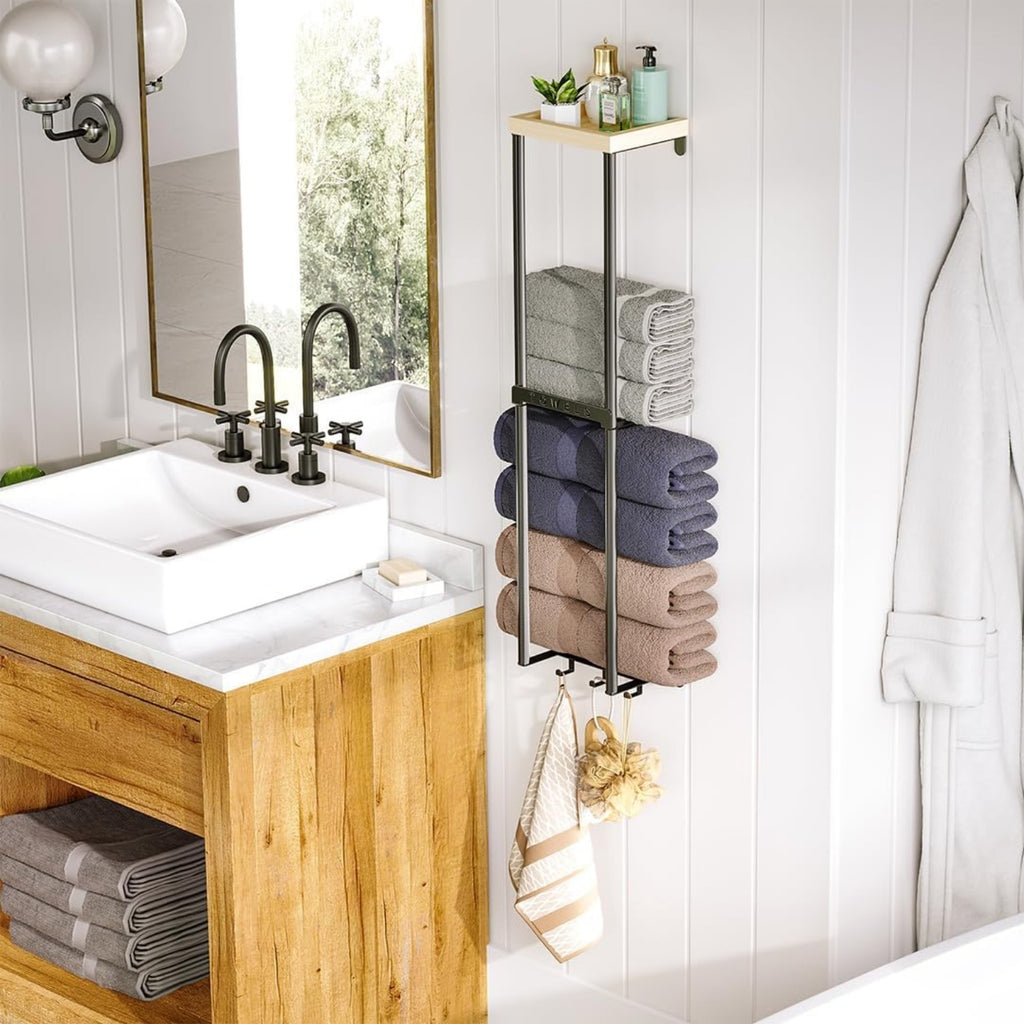 Two-Level Wall-Installed Bathroom Organizer - Elegant Towel Hanger with Wooden Shelf And Three Hooks - 32.68inch Display Stand for Hand And Bath Towels