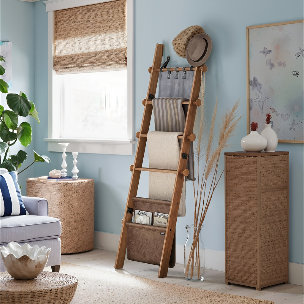 5-Tier Modern Wood Bathroom Towel Rack with Storage Bag & Rustic Metal Hooks - Wall-Mountable or -Standing Ladder Shelf Organizer Suitable for Towels, Blankets, Robes - Space-Saving Storage Solution, Towel Racks