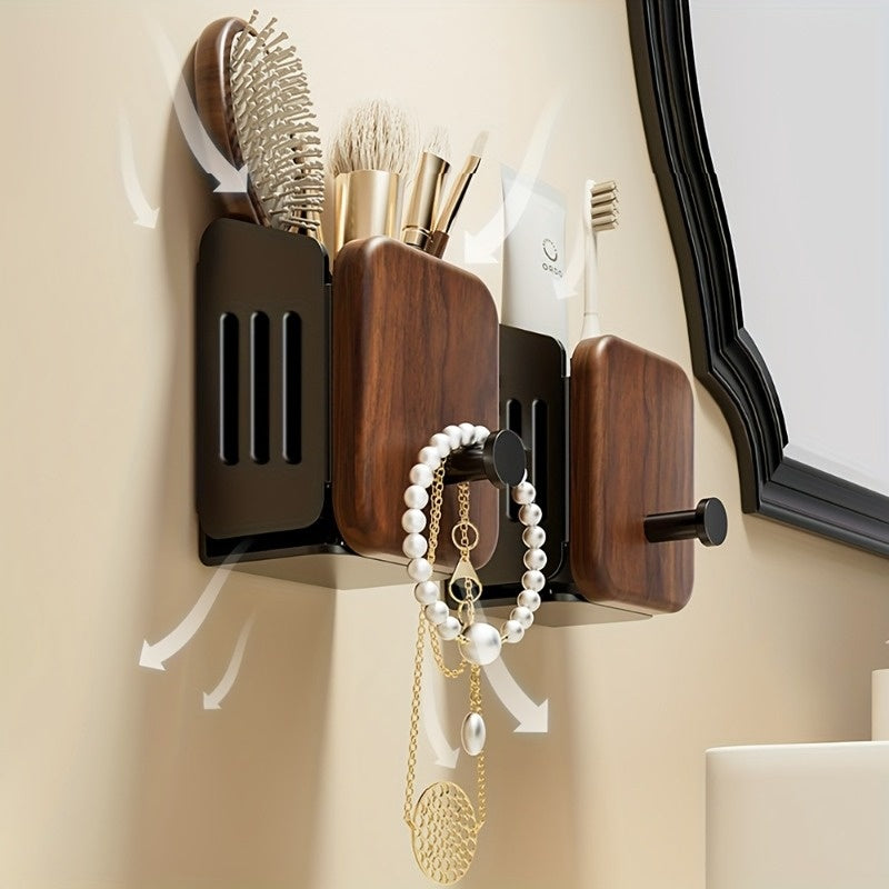 Drill-Free Wall-Mounted Walnut Bathroom Toiletries Rack, Sink & Shower Organizer, Adhesive Installation, Toothbrush, Toothpaste & Mouthwash Cup Holder, Waterproof & Easy to Clean for Home Use, Shelves