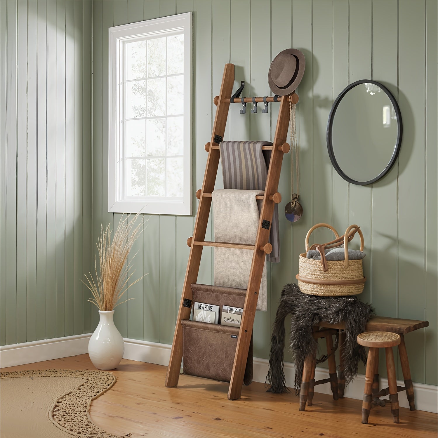 5-Tier Modern Wood Bathroom Towel Rack with Storage Bag & Rustic Metal Hooks - Wall-Mountable or -Standing Ladder Shelf Organizer Suitable for Towels, Blankets, Robes - Space-Saving Storage Solution, Towel Racks