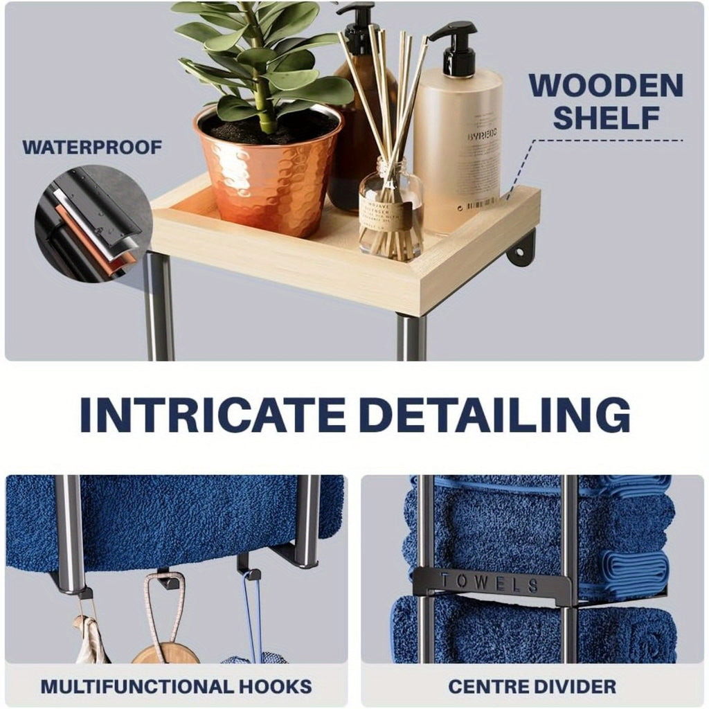 Two-Level Wall-Installed Bathroom Organizer - Elegant Towel Hanger with Wooden Shelf And Three Hooks - 32.68inch Display Stand for Hand And Bath Towels