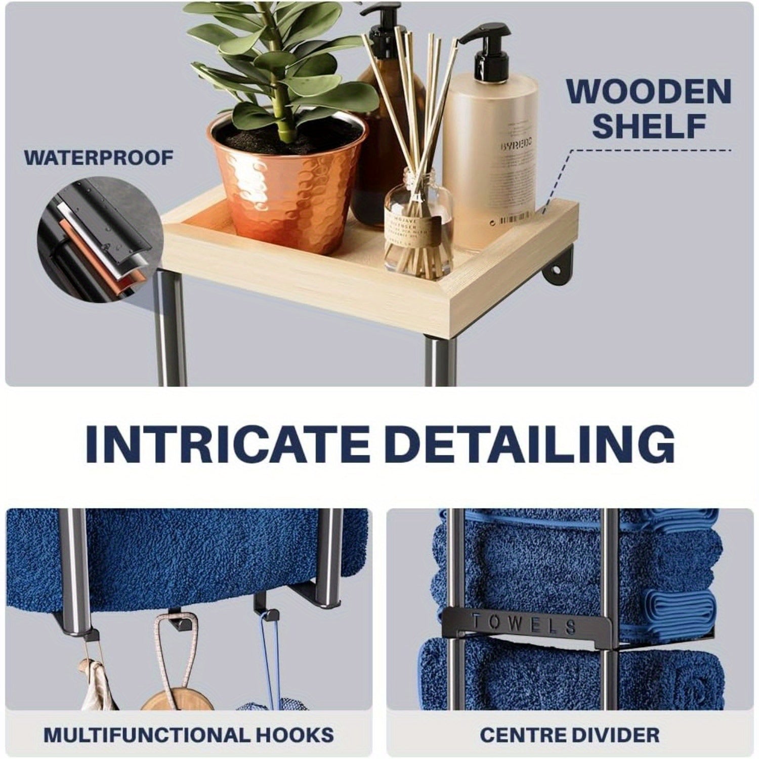 Two-Level Wall-Installed Bathroom Organizer - Elegant Towel Hanger with Wooden Shelf And Three Hooks - 32.68inch Display Stand for Hand And Bath Towels