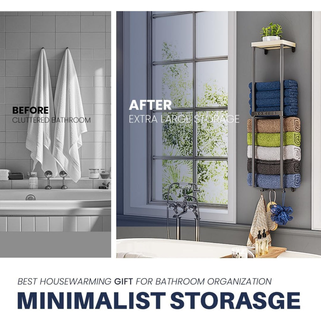 Two-Level Wall-Installed Bathroom Organizer - Elegant Towel Hanger with Wooden Shelf And Three Hooks - 32.68inch Display Stand for Hand And Bath Towels