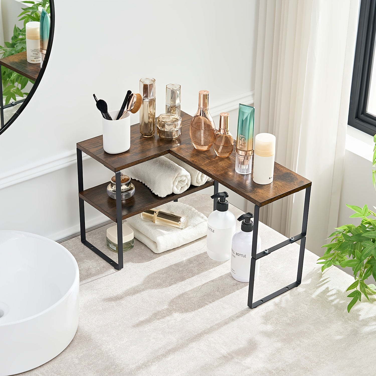 Stylish Corner Shelf with Storage - Adjustable 2-Tier Rack for Coffee Shops, Home Kitchens, And Bathroom Vanities - Rustic Wood And Metal Organizer, Utility Racks