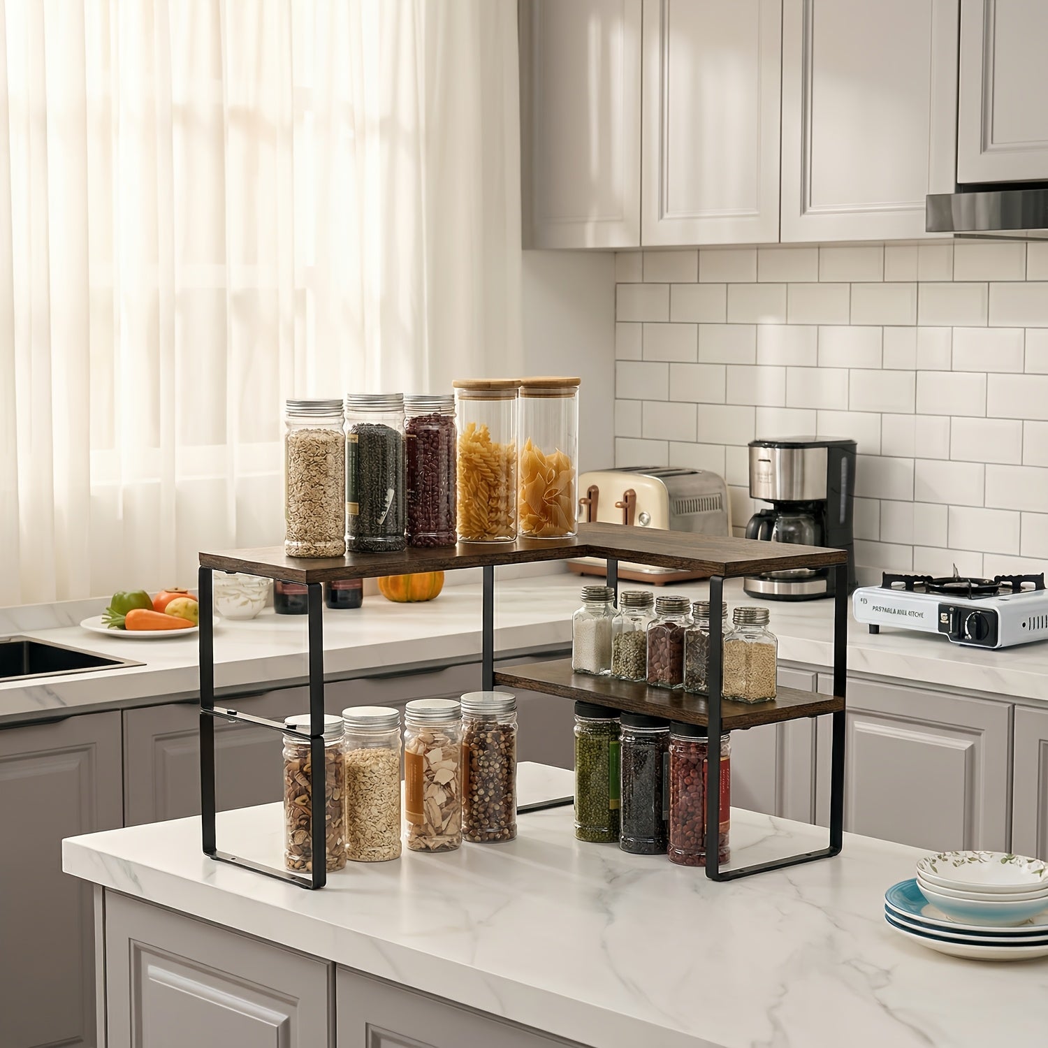 Stylish Corner Shelf with Storage - Adjustable 2-Tier Rack for Coffee Shops, Home Kitchens, And Bathroom Vanities - Rustic Wood And Metal Organizer, Utility Racks