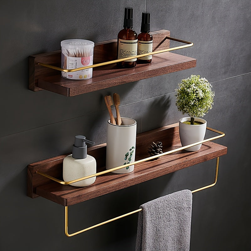 Modern Brass Towel Rack With Wooden Rack | Solid Wood Bathroom Rack, Wall Mounted, Shower Rack, Washbasin, Cosmetics Storage, Floating Rack, Mirror, Front Dressing Table, Organizing Rack