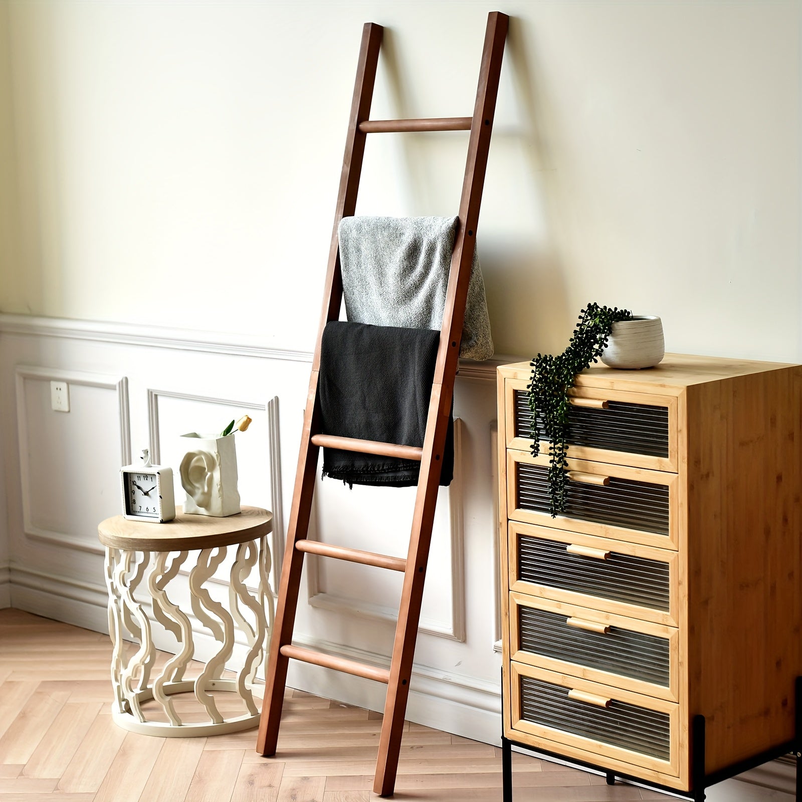 6ft Wooden Natural Blanket Ladder Living Room Decorative Wall Leaning Farmhouse Quilt Display Holder Rustic Wood Towel Rack for Bathroom
