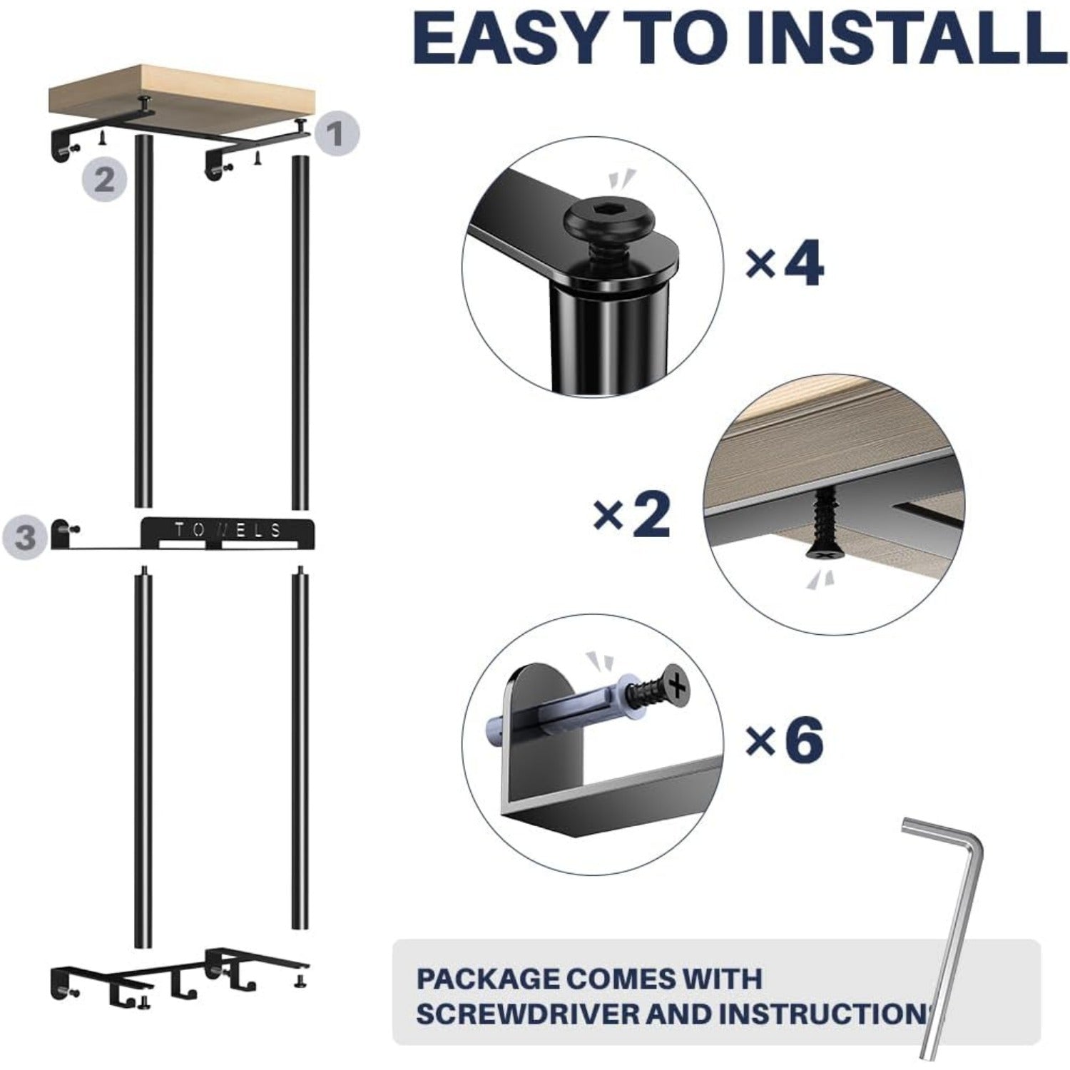 Two-Level Wall-Installed Bathroom Organizer - Elegant Towel Hanger with Wooden Shelf And Three Hooks - 32.68inch Display Stand for Hand And Bath Towels