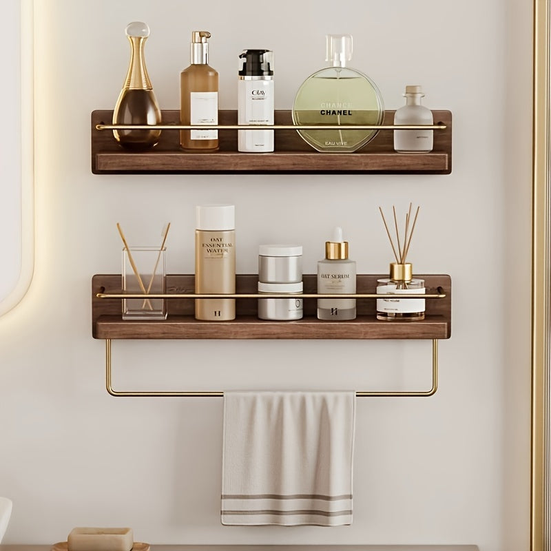 Modern Brass Towel Rack With Wooden Rack | Solid Wood Bathroom Rack, Wall Mounted, Shower Rack, Washbasin, Cosmetics Storage, Floating Rack, Mirror, Front Dressing Table, Organizing Rack