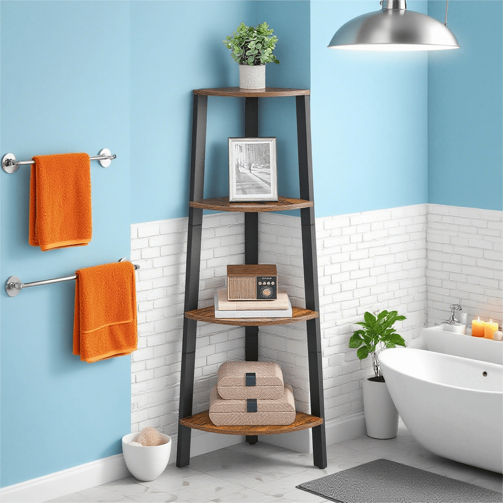 4-Tier Rustic Brown Bathroom Storage Organizer with Industrial Metal Frame, Water  Bath Caddy for Towels, Toiletries & Cosmetics