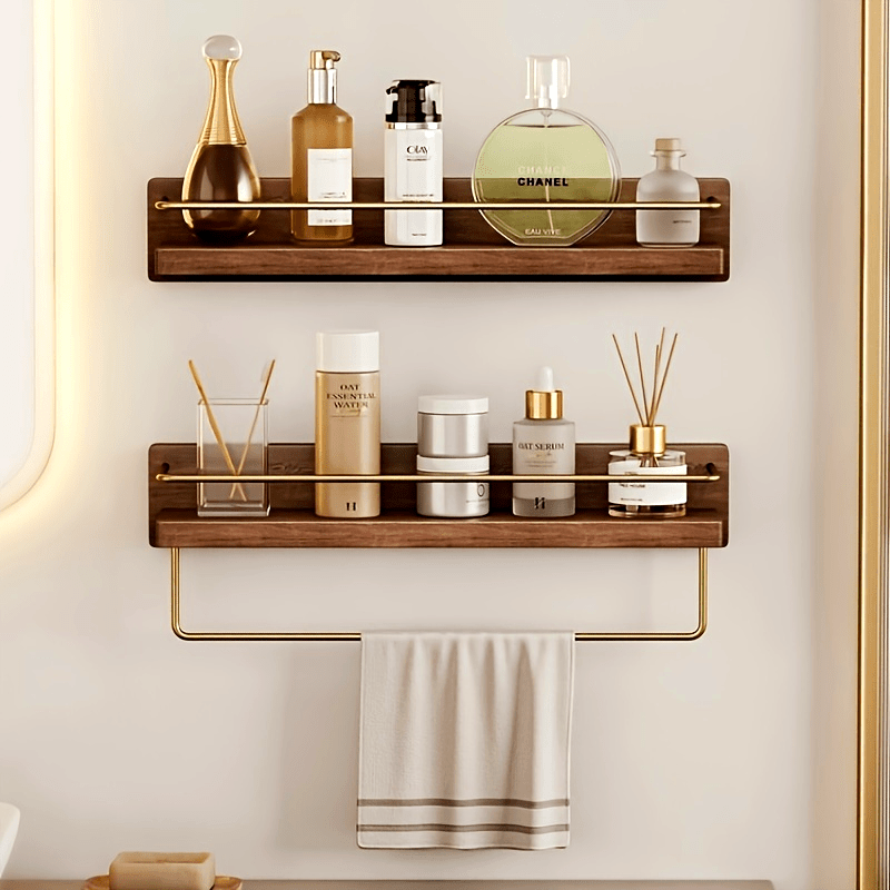 Modern Brass Towel Rack With Wooden Rack | Solid Wood Bathroom Rack, Wall Mounted, Shower Rack, Washbasin, Cosmetics Storage, Floating Rack, Mirror, Front Dressing Table, Organizing Rack