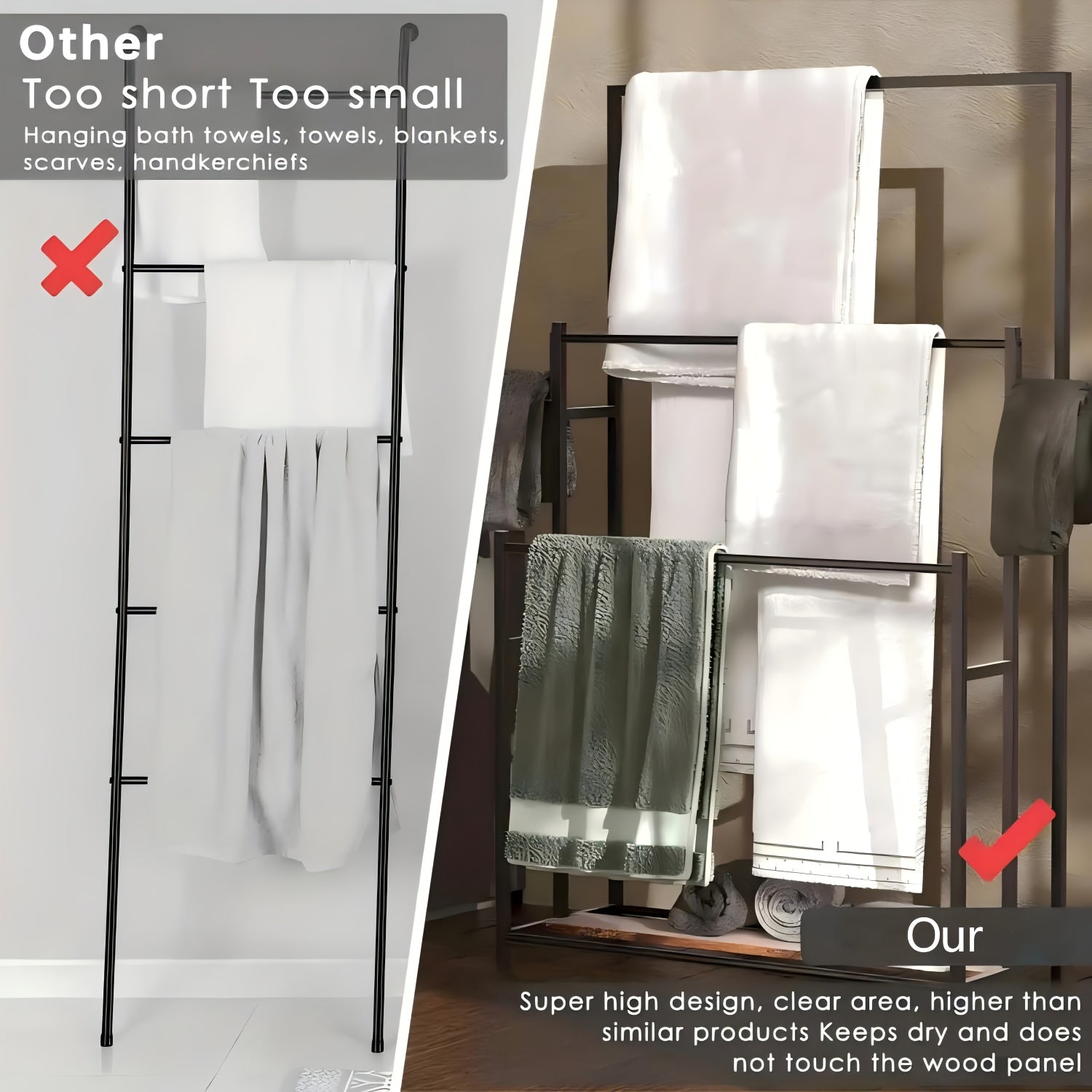 47.2 Inch Tall Free Standing Towel Racks 3 Tier Pool Towel Rack Outdoor Oversized Floor Bath Towel Drying Valet Holder Blanket Quilt Rack Stand For Bathroom Bedroom Beach Hot Tub Gym Pool Area Outside 2pcs