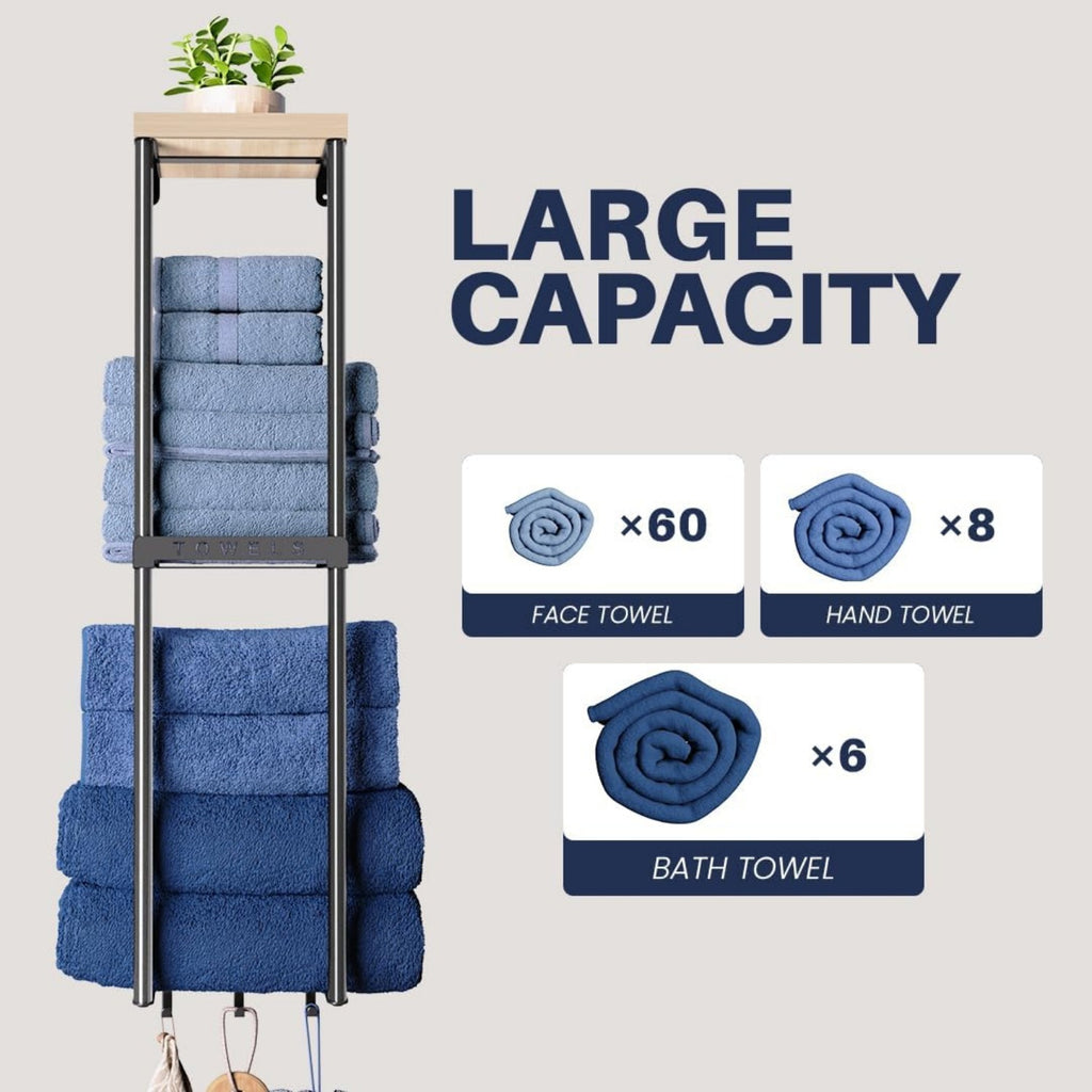 Two-Level Wall-Installed Bathroom Organizer - Elegant Towel Hanger with Wooden Shelf And Three Hooks - 32.68inch Display Stand for Hand And Bath Towels