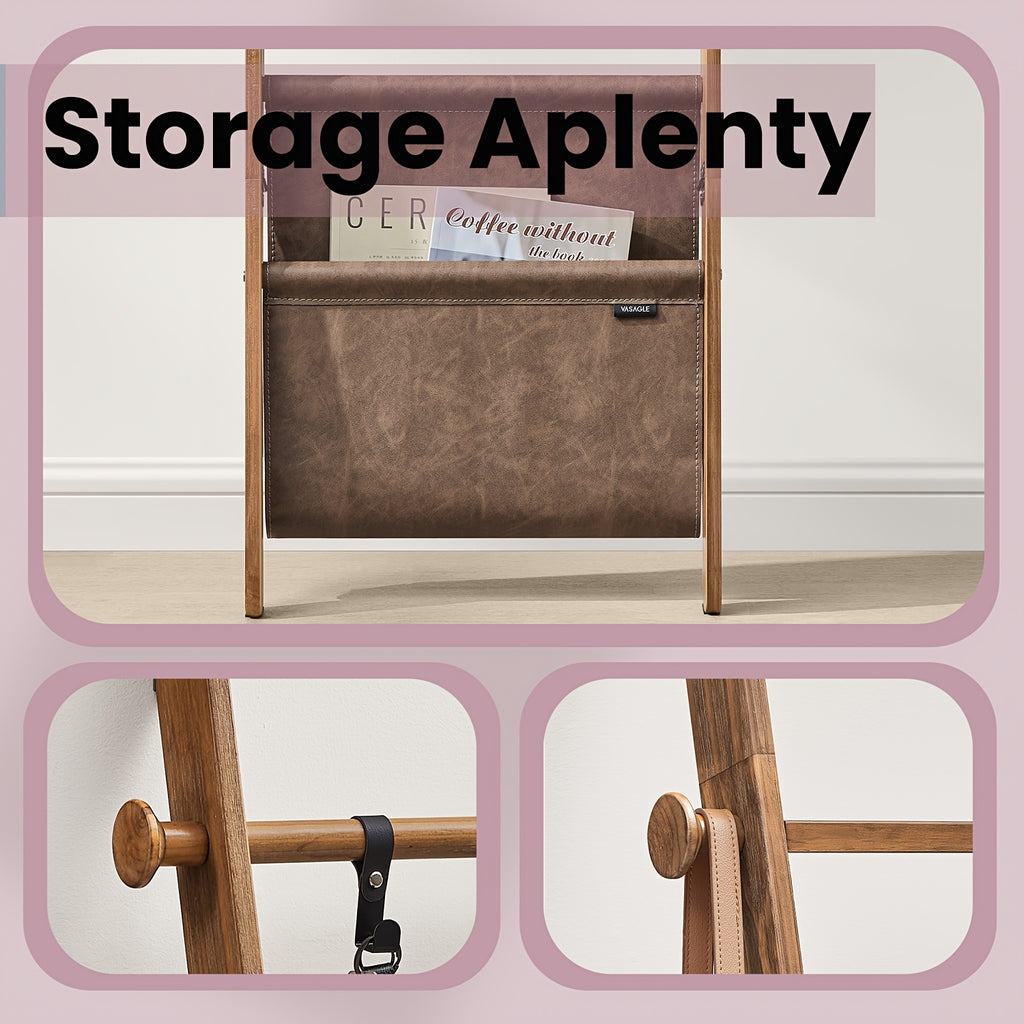 5-Tier Modern Wood Bathroom Towel Rack with Storage Bag & Rustic Metal Hooks - Wall-Mountable or -Standing Ladder Shelf Organizer Suitable for Towels, Blankets, Robes - Space-Saving Storage Solution, Towel Racks