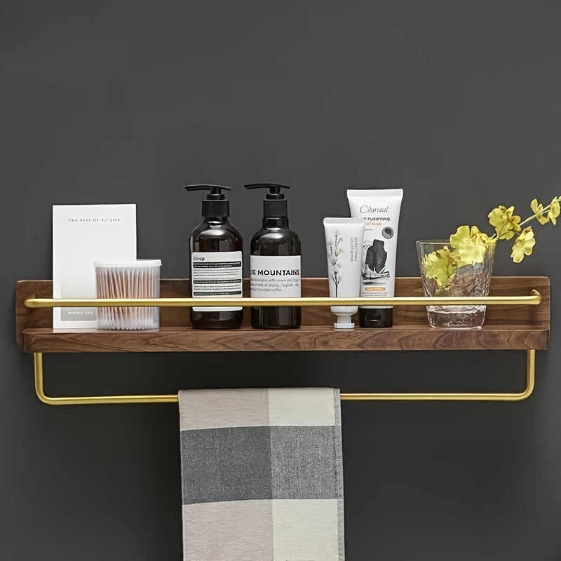 Modern Brass Towel Rack With Wooden Rack | Solid Wood Bathroom Rack, Wall Mounted, Shower Rack, Washbasin, Cosmetics Storage, Floating Rack, Mirror, Front Dressing Table, Organizing Rack
