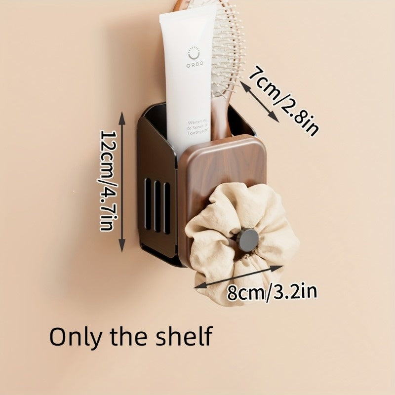 Drill-Free Wall-Mounted Walnut Bathroom Toiletries Rack, Sink & Shower Organizer, Adhesive Installation, Toothbrush, Toothpaste & Mouthwash Cup Holder, Waterproof & Easy to Clean for Home Use, Shelves