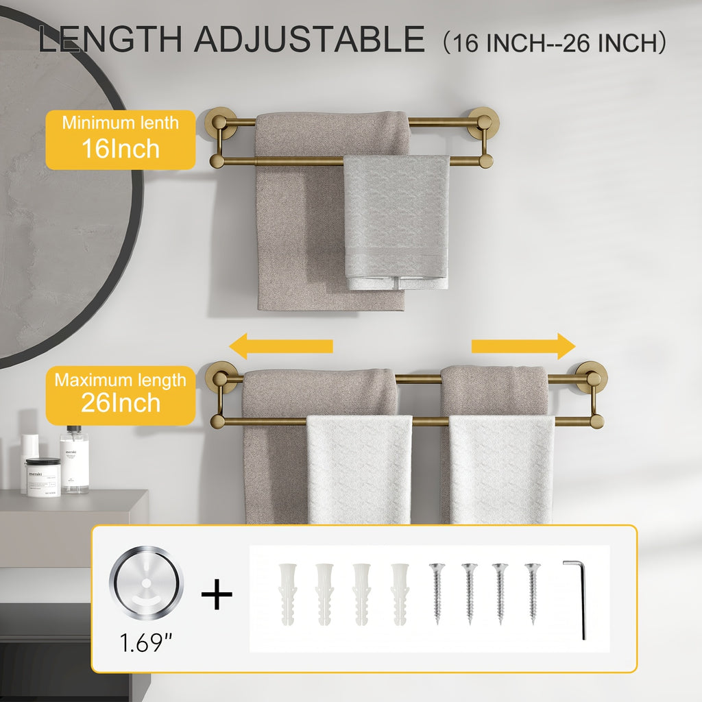 BESy Adjustable 16-26 Inches Double Bath Towel Bar for Bathroom SUS304 Stainless Steel Towel Holder, Hotel Style Wall Mount with Screws Hand Towel Bar Towel Rack Rod Hanger