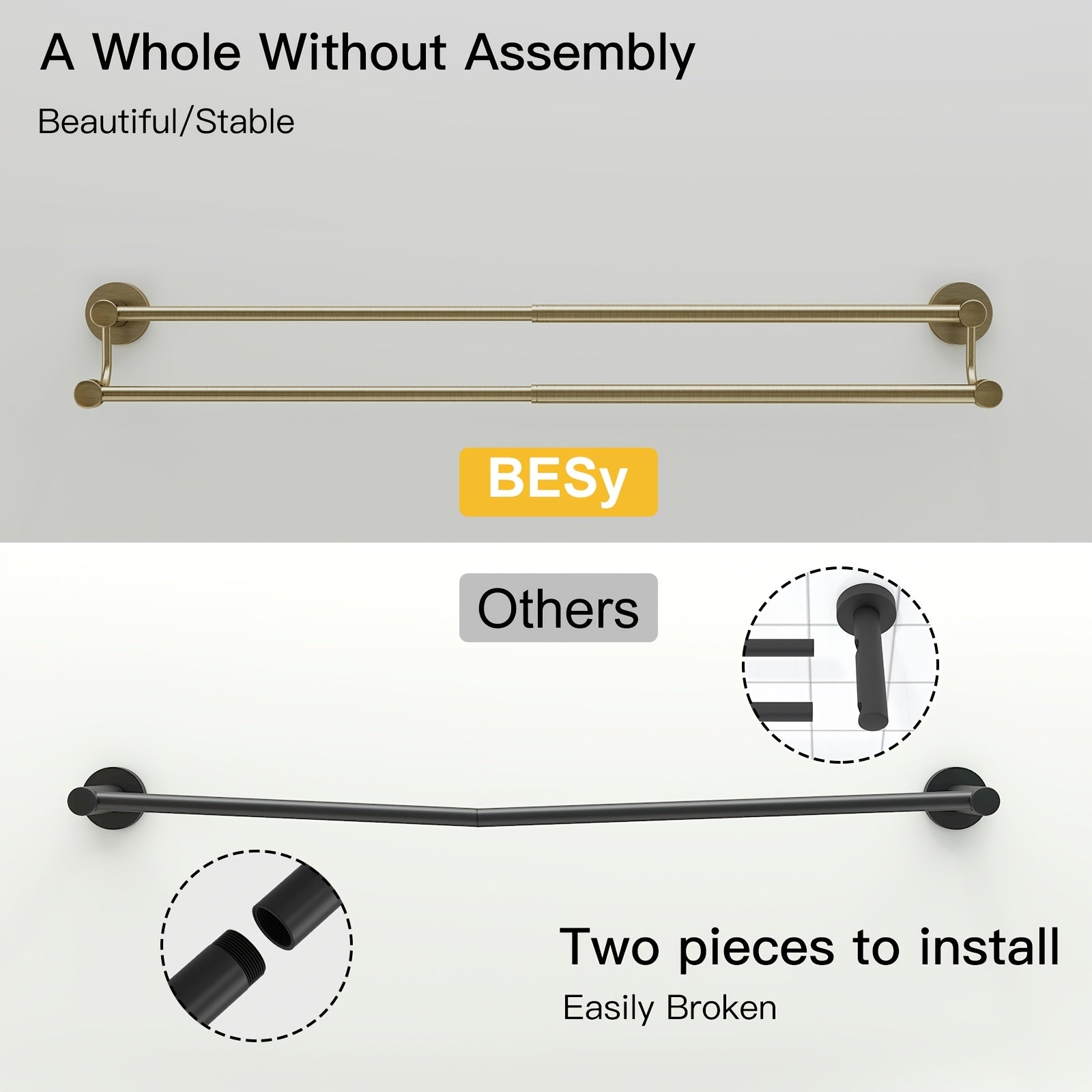 BESy Adjustable 16-26 Inches Double Bath Towel Bar for Bathroom SUS304 Stainless Steel Towel Holder, Hotel Style Wall Mount with Screws Hand Towel Bar Towel Rack Rod Hanger