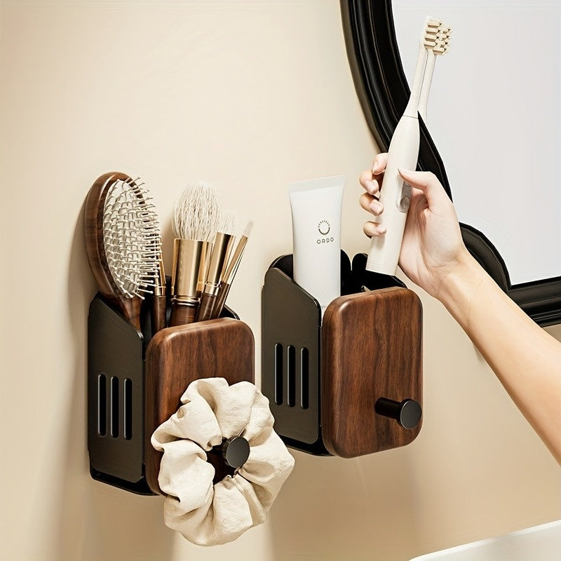 Drill-Free Wall-Mounted Walnut Bathroom Toiletries Rack, Sink & Shower Organizer, Adhesive Installation, Toothbrush, Toothpaste & Mouthwash Cup Holder, Waterproof & Easy to Clean for Home Use, Shelves