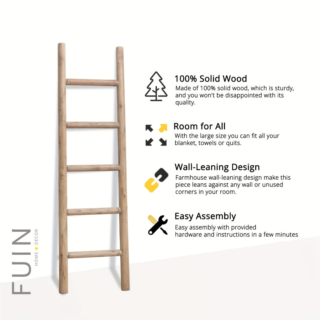 57in Wood Blanket Ladder Living Room Decorative Wall Leaning Farmhouse Quilt Display Holder Rustic Wooden Towel Rack for Bathroom