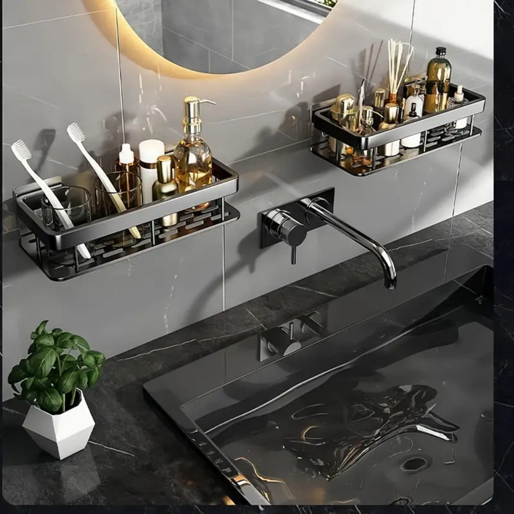 Two-Level Wall-Installed Bathroom Organizer - Elegant Towel Hanger with Wooden Shelf And Three Hooks - 32.68inch Display Stand for Hand And Bath Towels