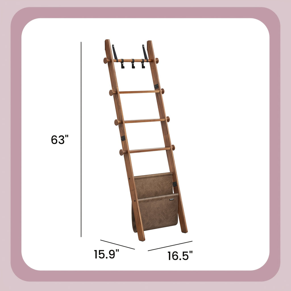 5-Tier Modern Wood Bathroom Towel Rack with Storage Bag & Rustic Metal Hooks - Wall-Mountable or -Standing Ladder Shelf Organizer Suitable for Towels, Blankets, Robes - Space-Saving Storage Solution, Towel Racks