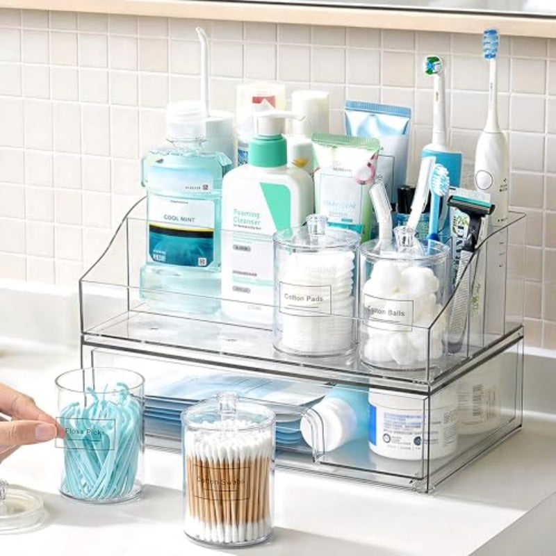 Pcs Bathroom Countertop Organizer 1 Divided Tray with 4 Qtip Holder Jars And 1 Drawer Restroom Organizers for Toothbrush Cotton Pads Vanity Additions Storage Set
