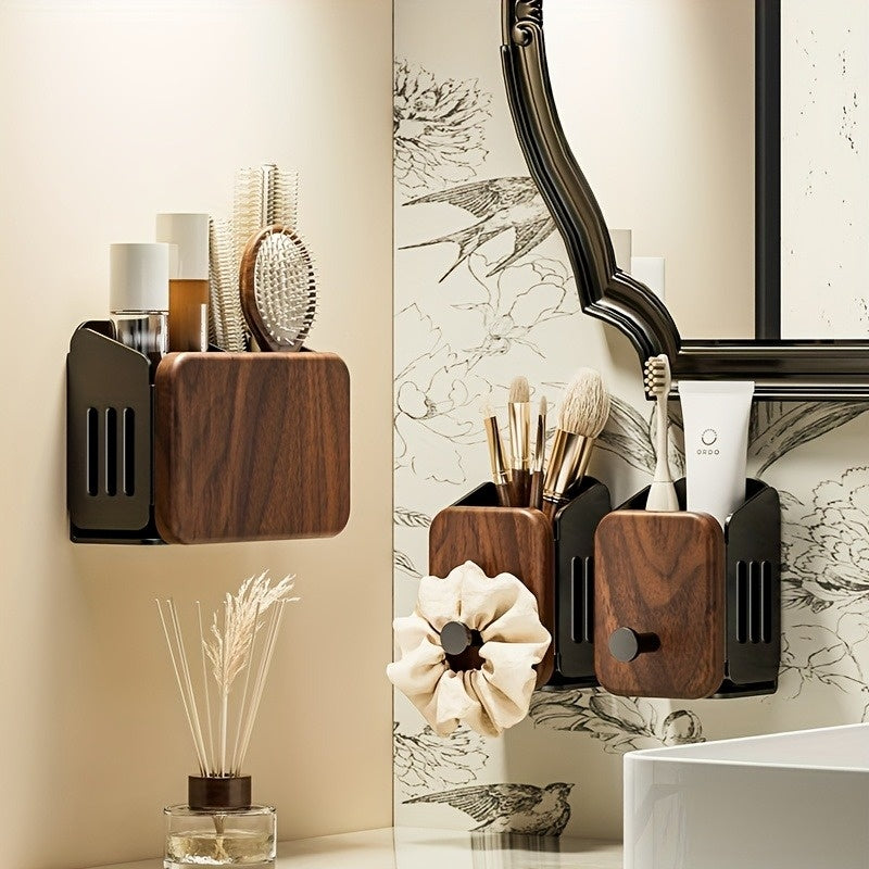 Drill-Free Wall-Mounted Walnut Bathroom Toiletries Rack, Sink & Shower Organizer, Adhesive Installation, Toothbrush, Toothpaste & Mouthwash Cup Holder, Waterproof & Easy to Clean for Home Use, Shelves