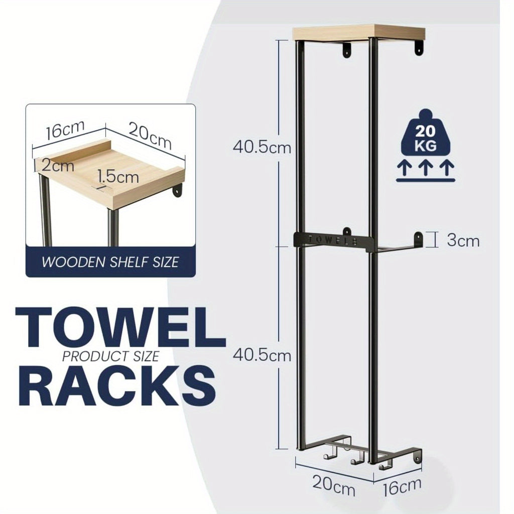 Two-Level Wall-Installed Bathroom Organizer - Elegant Towel Hanger with Wooden Shelf And Three Hooks - 32.68inch Display Stand for Hand And Bath Towels