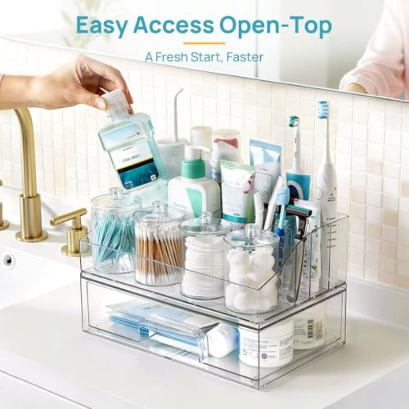 Pcs Bathroom Countertop Organizer 1 Divided Tray with 4 Qtip Holder Jars And 1 Drawer Restroom Organizers for Toothbrush Cotton Pads Vanity Additions Storage Set